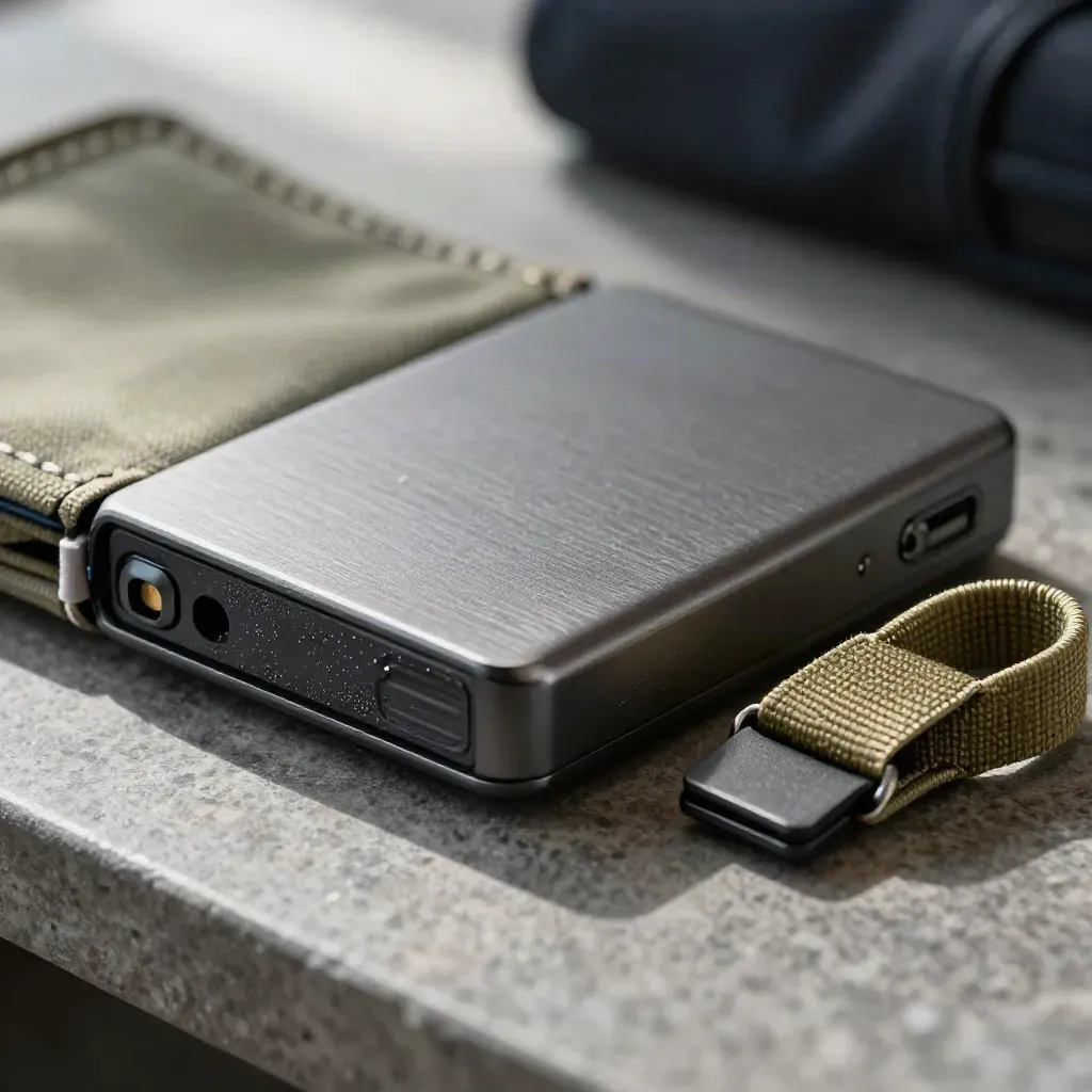 Rugged SSD, padded case corner, and cable wrap on dark stone with soft bokeh