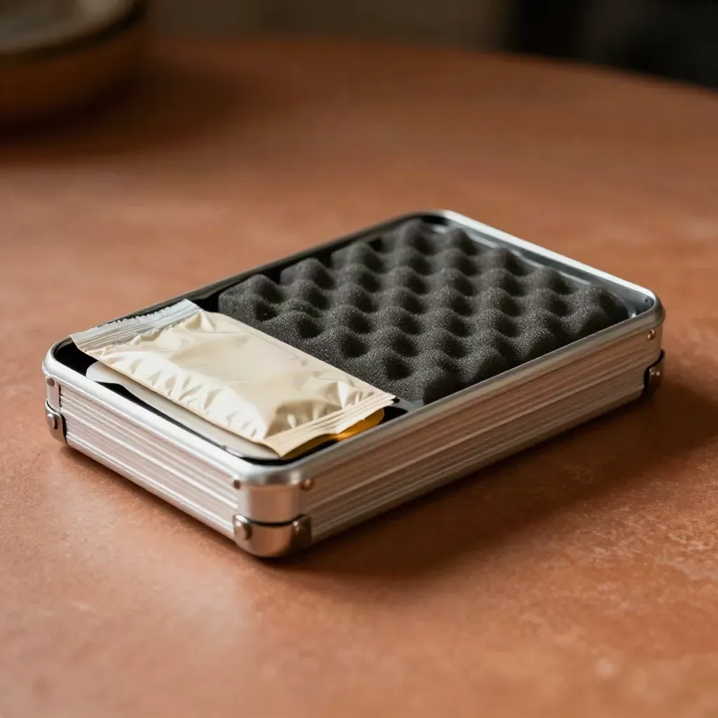 SSD caddy, anti-static bag, foam insert, and blank drive tray on a terracotta work surface.
